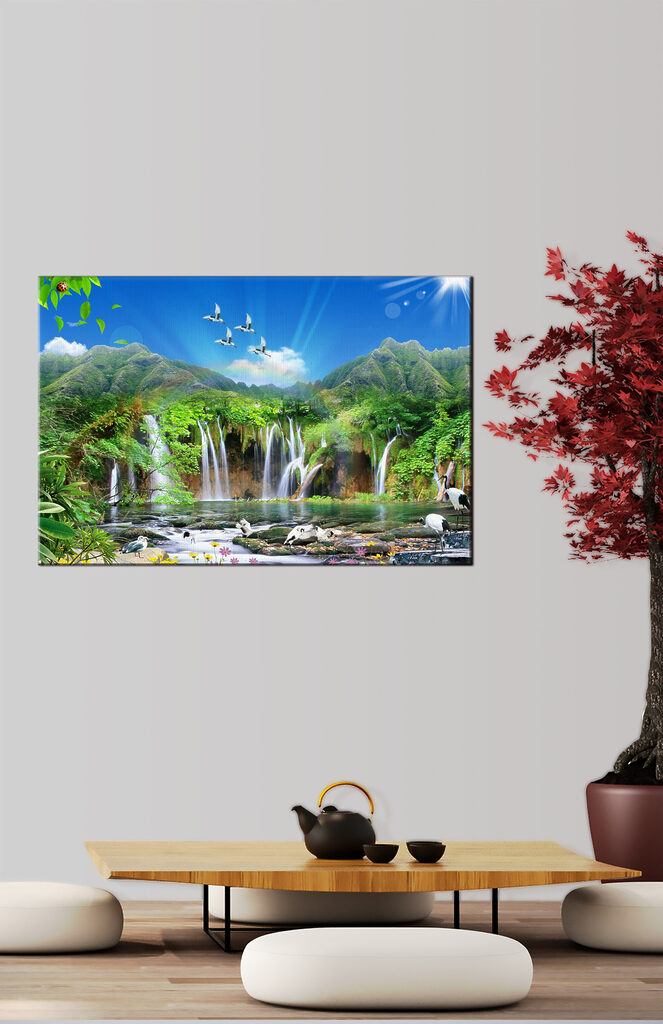 A waterfall with birds flying over it