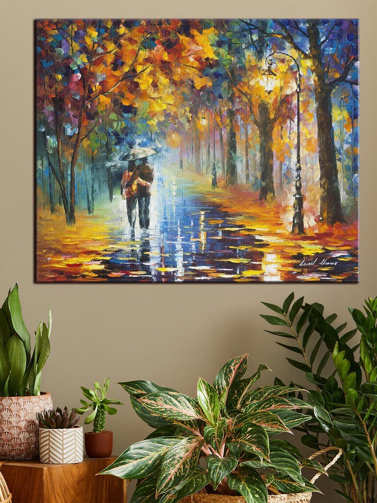 A painting of a couple walking in a park with trees and a lamp post A painting of a couple walking in a park with trees and a lamp post