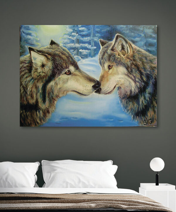 A painting of two wolves kissing A painting of two wolves kissing