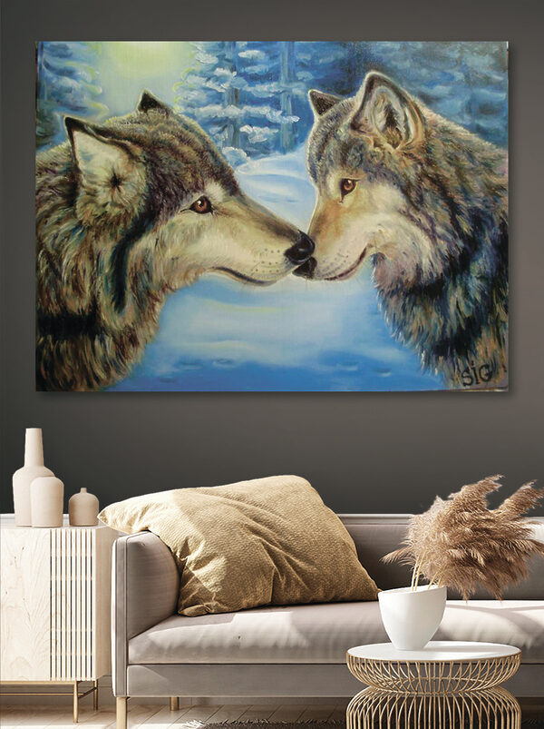 A painting of two wolves kissing A painting of two wolves kissing