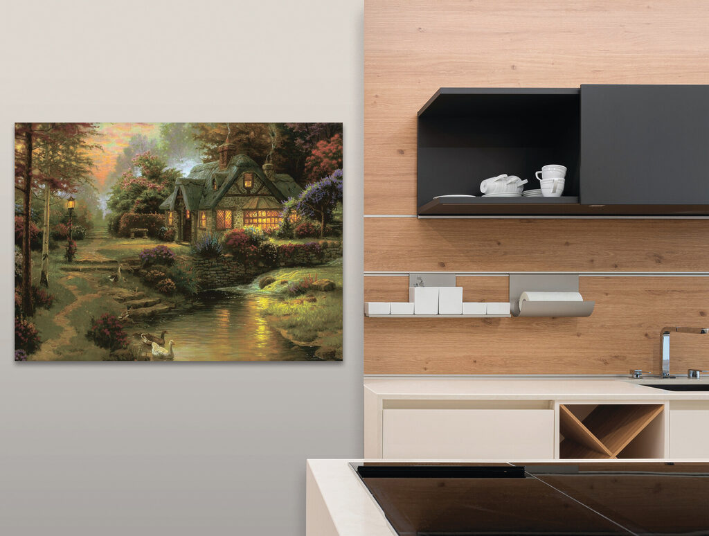 A painting of a cottage by a river A painting of a cottage by a river