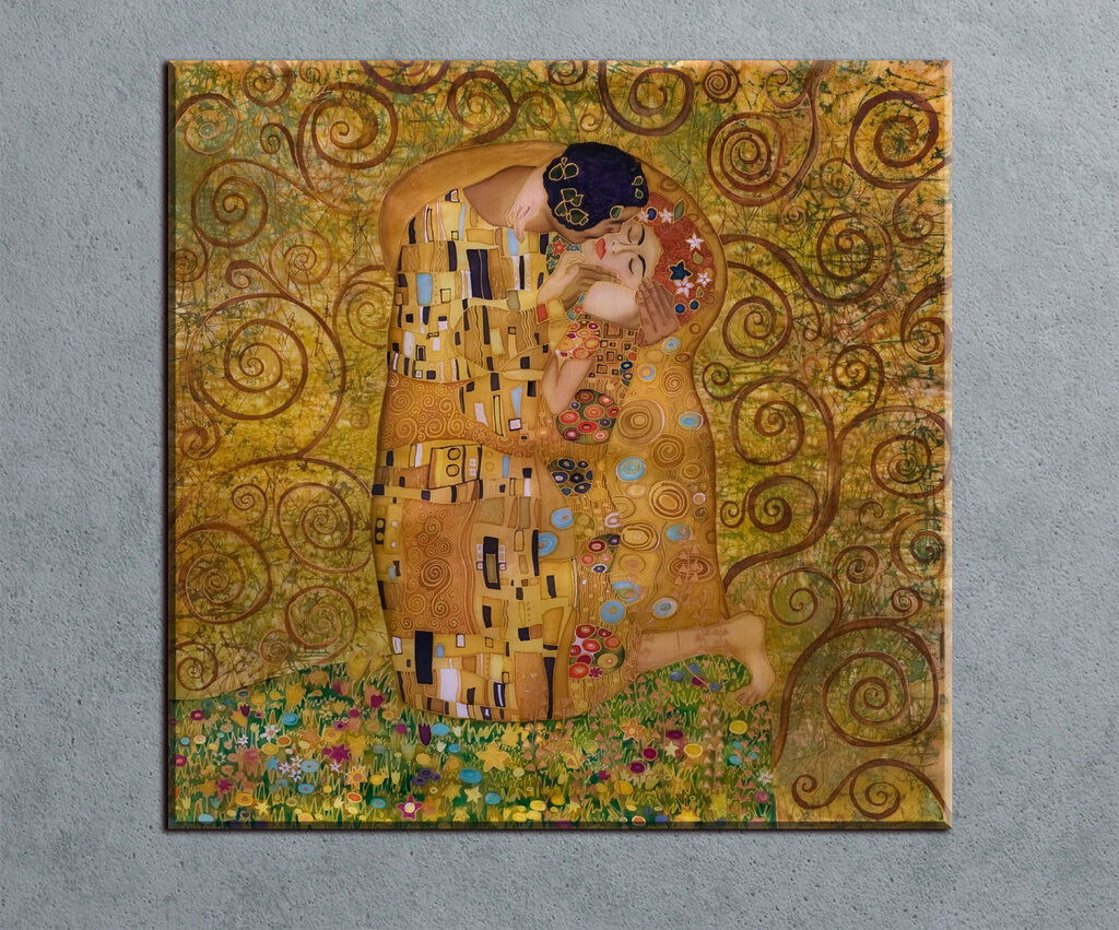 A painting of a man and woman kissing
