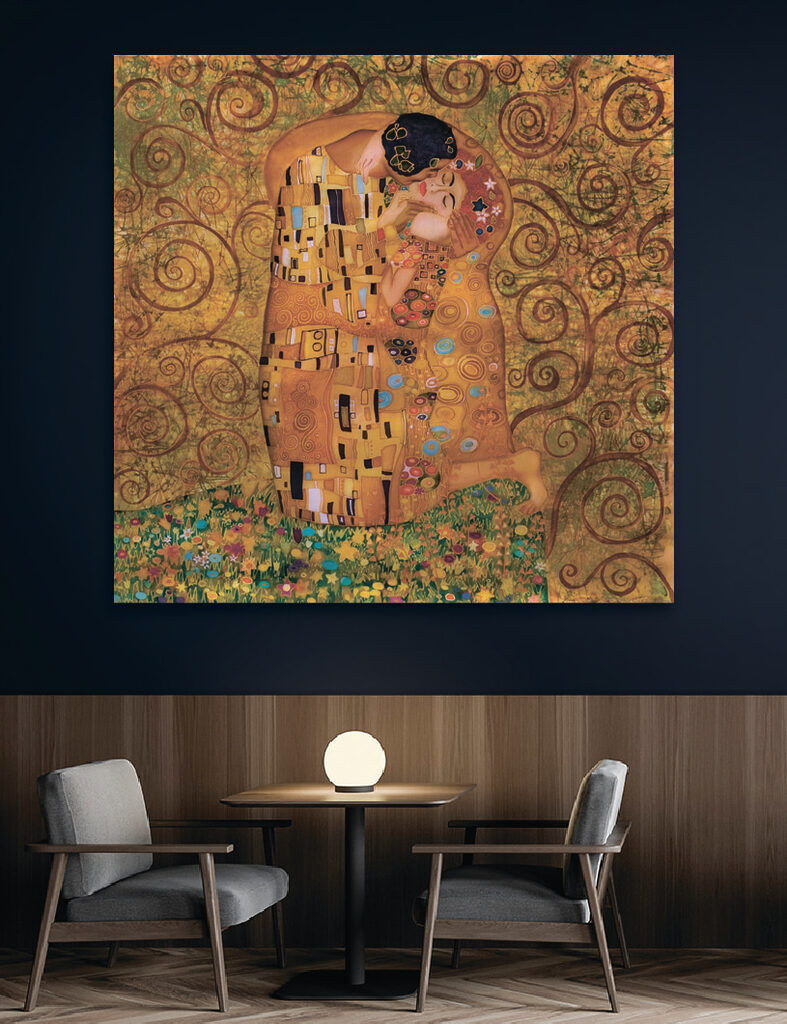 A painting of a man and woman kissing