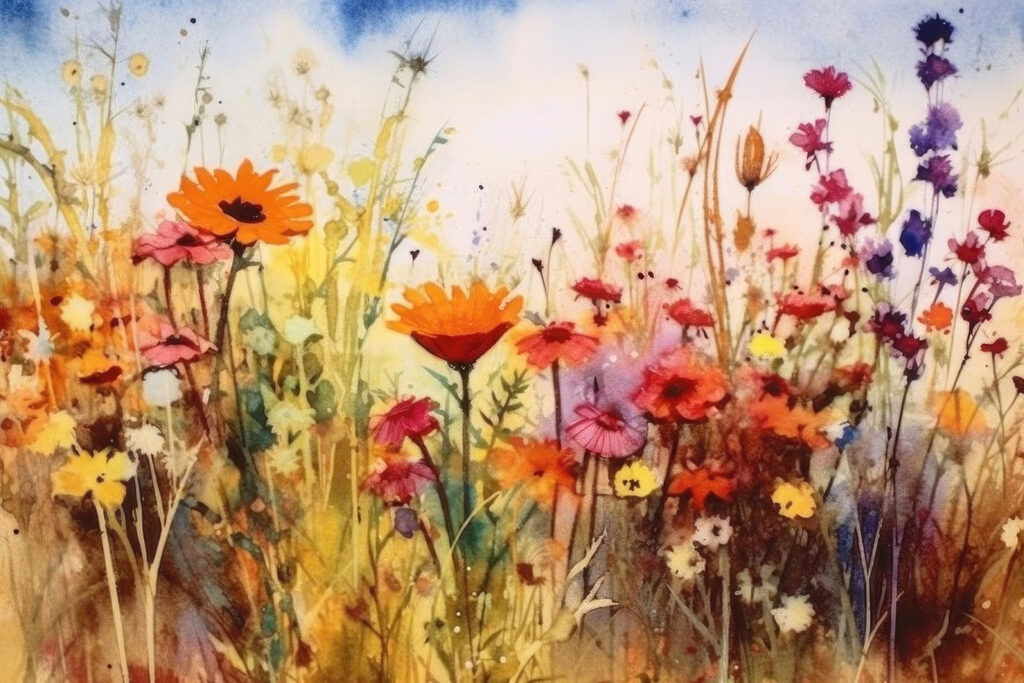 A painting of flowers in a field