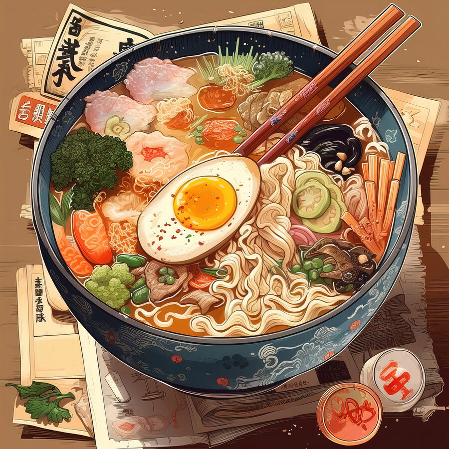 Un bol de ramen cu bețișoare și un ou Un bol de ramen cu bețișoare și un ou