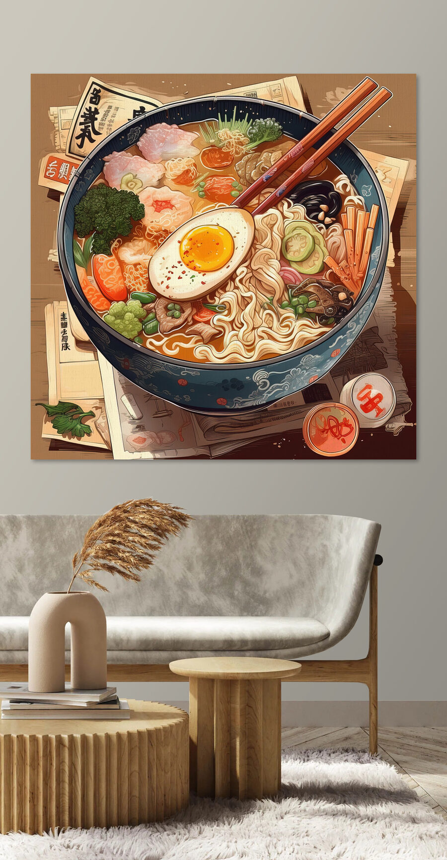 Un bol de ramen cu bețișoare și un ou Un bol de ramen cu bețișoare și un ou
