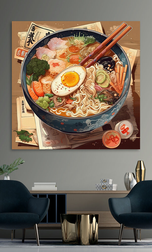 Un bol de ramen cu bețișoare și un ou Un bol de ramen cu bețișoare și un ou
