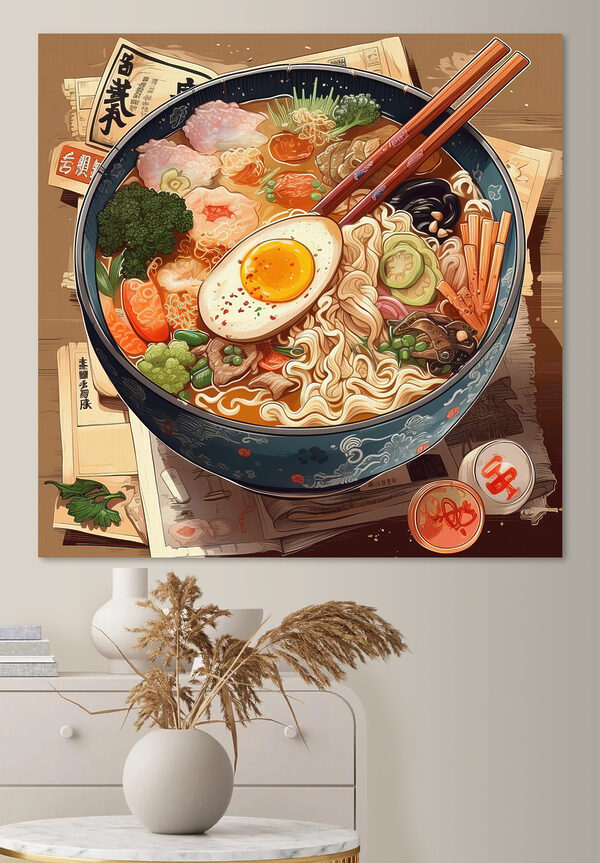Un bol de ramen cu bețișoare și un ou Un bol de ramen cu bețișoare și un ou