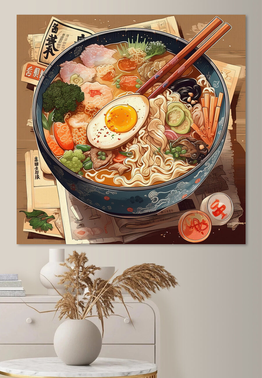 Un bol de ramen cu bețișoare și un ou Un bol de ramen cu bețișoare și un ou