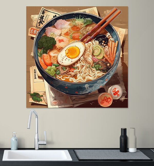 Un bol de ramen cu bețișoare și un ou Un bol de ramen cu bețișoare și un ou