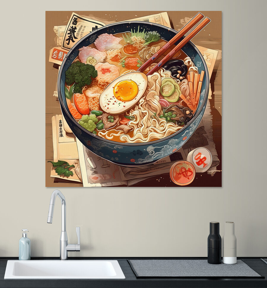 Un bol de ramen cu bețișoare și un ou Un bol de ramen cu bețișoare și un ou