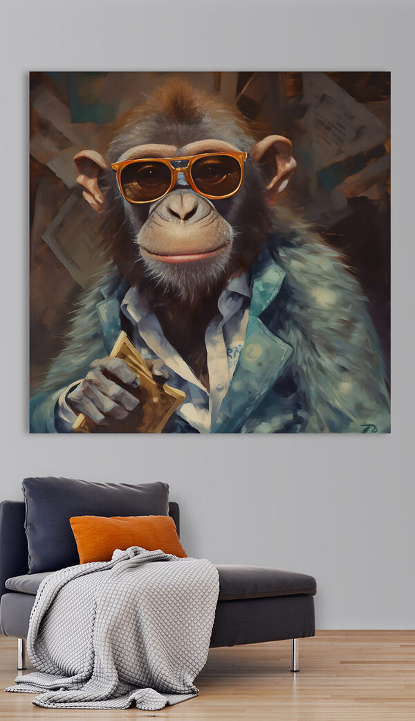 A monkey wearing sunglasses and a suit