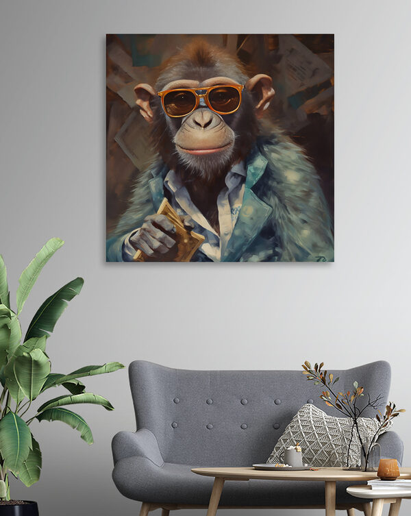 A monkey wearing sunglasses and a suit