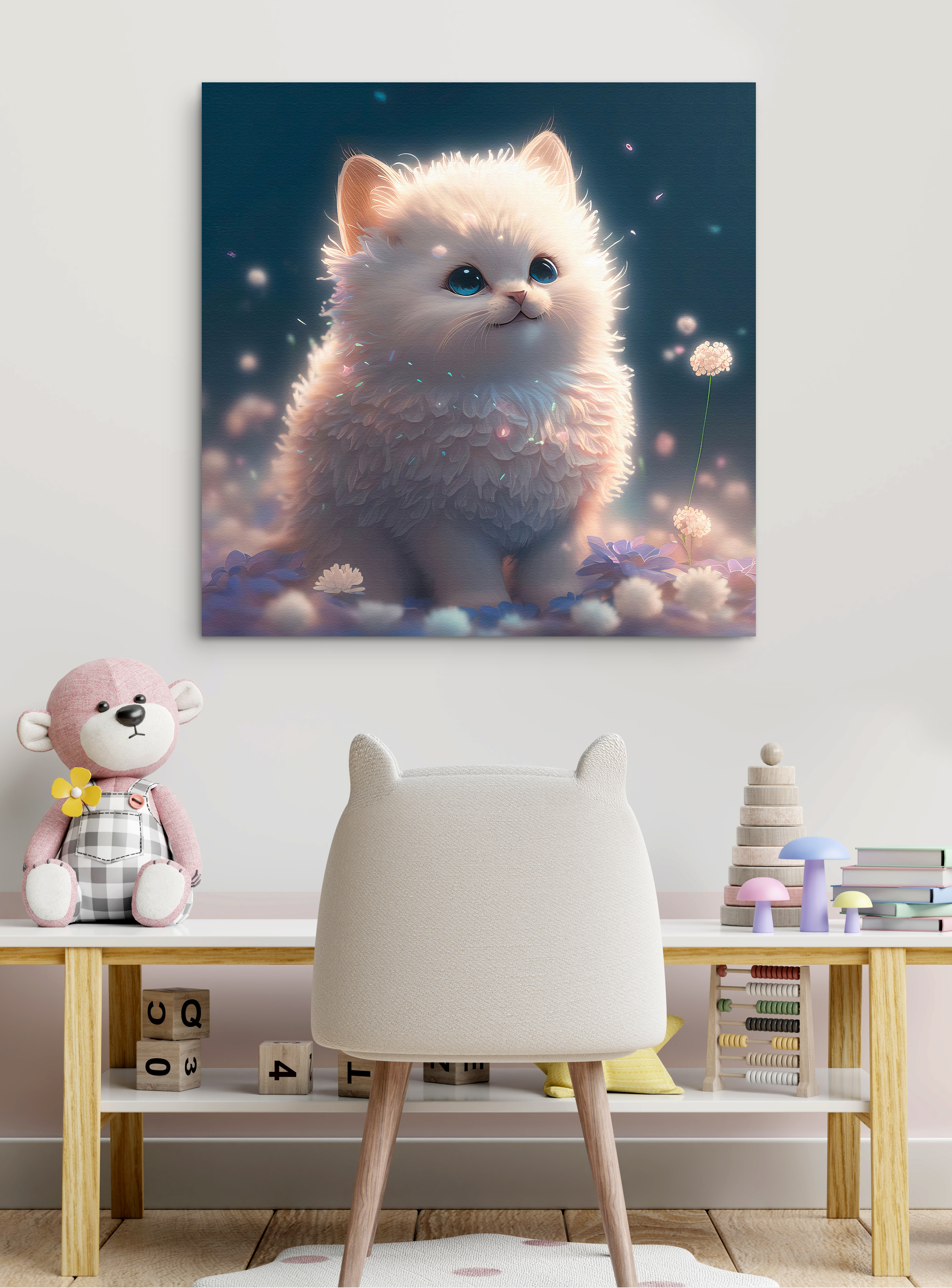 A white fluffy cat with blue eyes