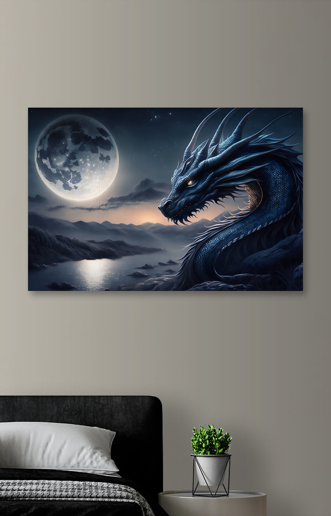Un dragon albastru cu o lună în fundal Un dragon albastru cu o lună în fundal