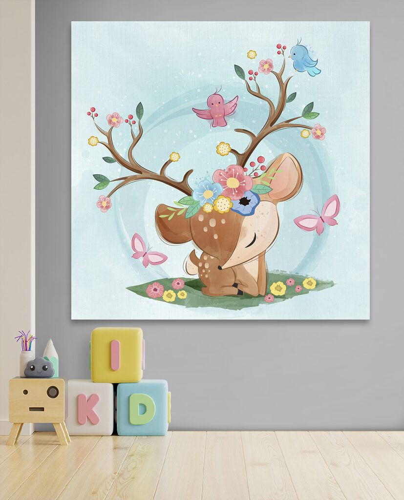 A cartoon deer with flowers and birds A cartoon deer with flowers and birds