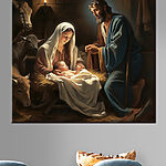 Tablouri O pictură cu un bărbat și o femeie într-o iesle cu animale în jur