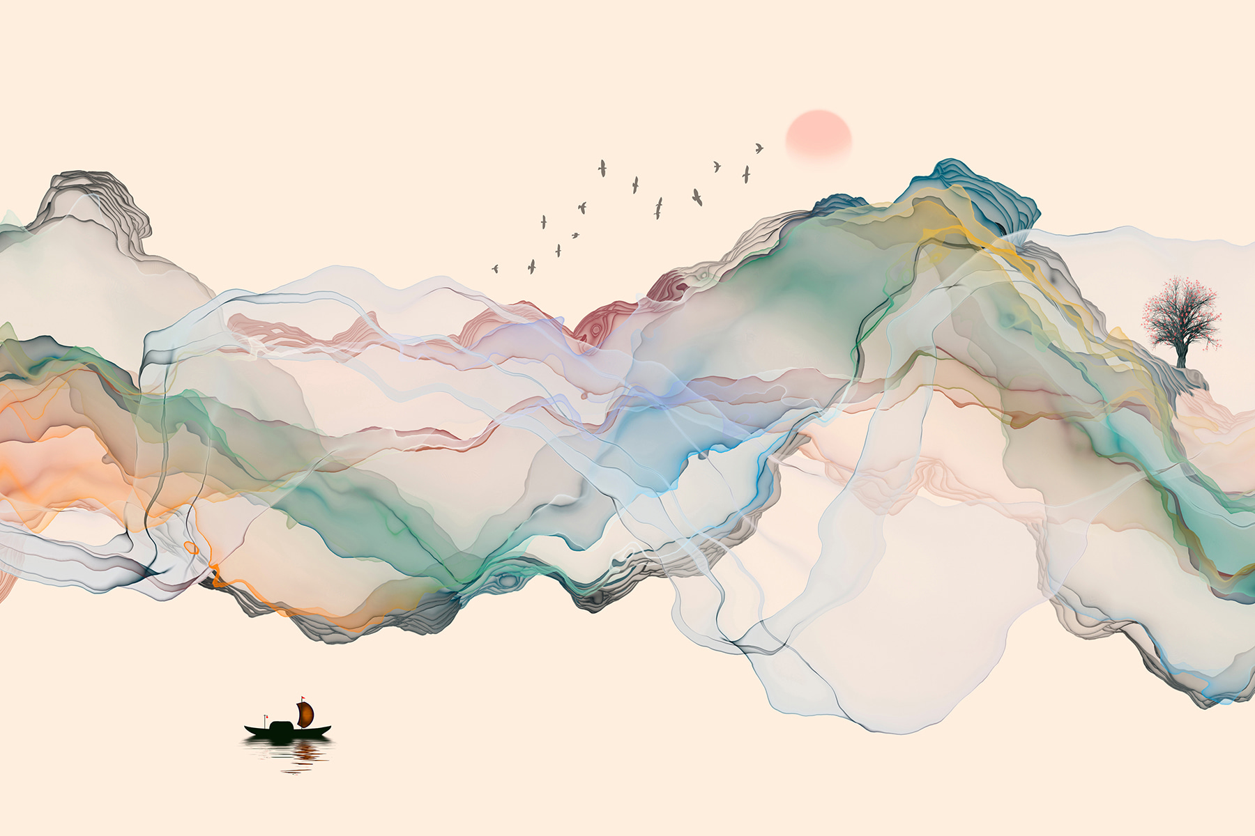 A painting of a boat in the water