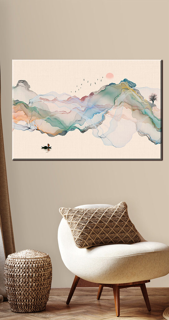 A painting of a boat in the water