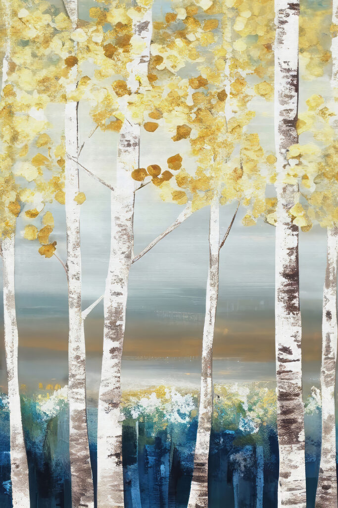 A painting of trees with yellow leaves A painting of trees with yellow leaves