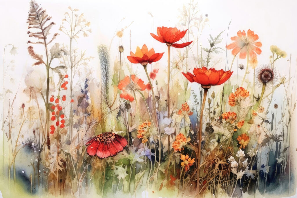 A painting of flowers and plants