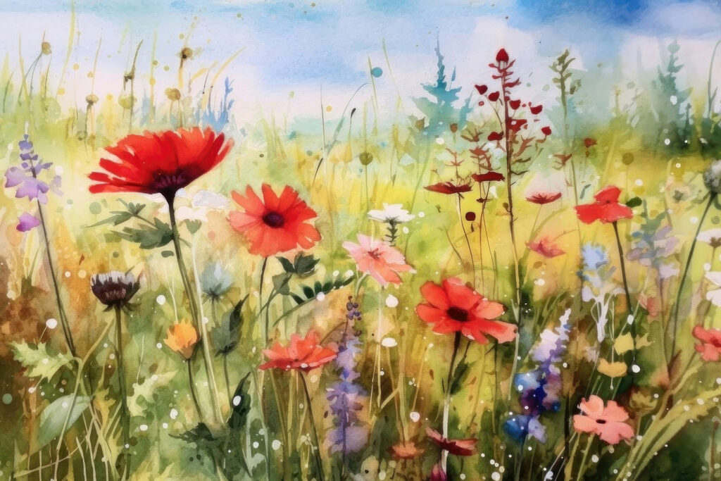 A painting of flowers in a field