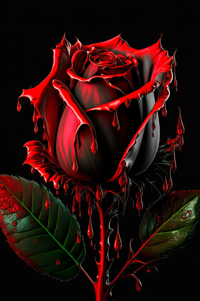 A red rose with green leaves and dripping red paint A red rose with green leaves and dripping red paint