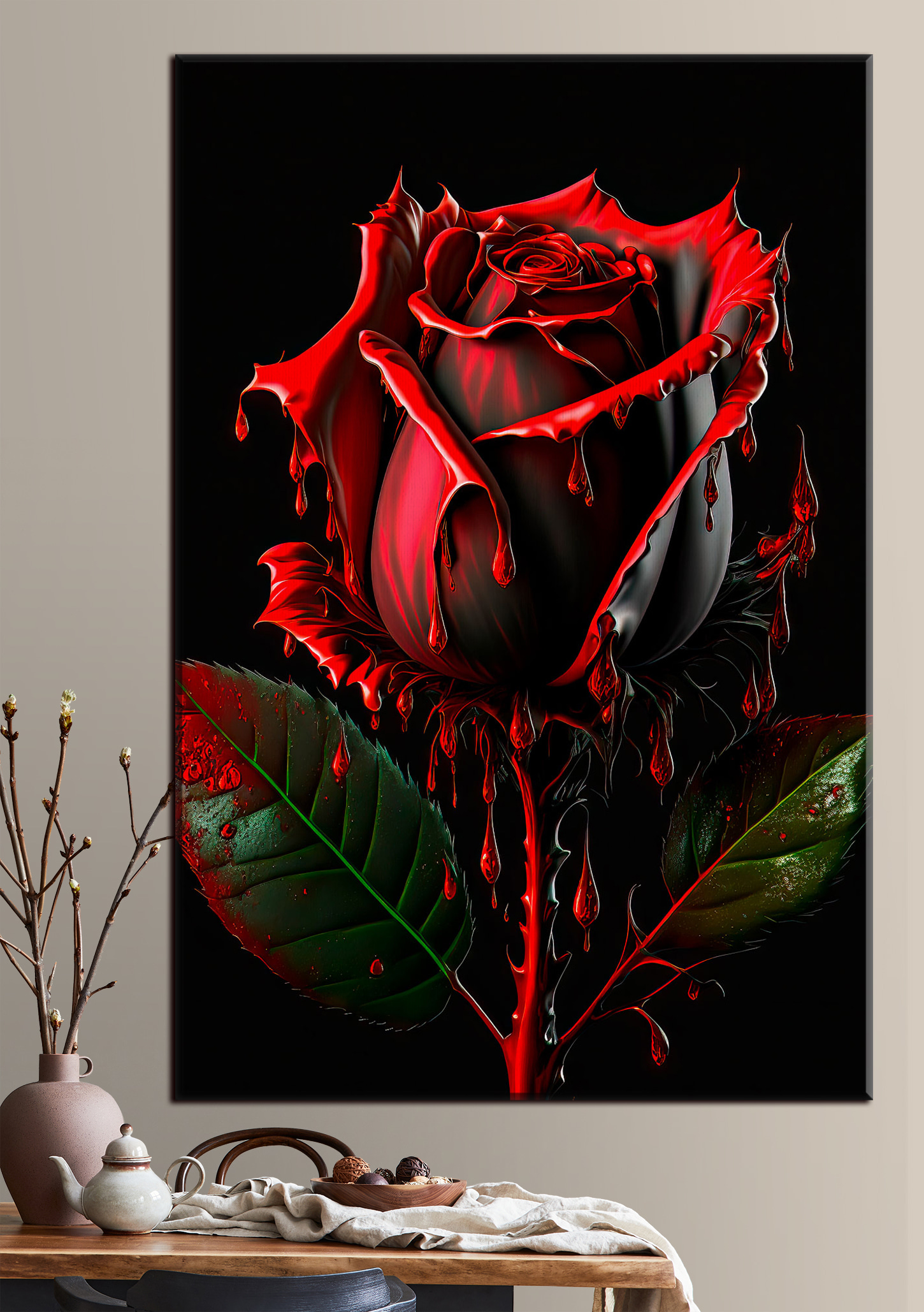 A red rose with green leaves and dripping red paint A red rose with green leaves and dripping red paint