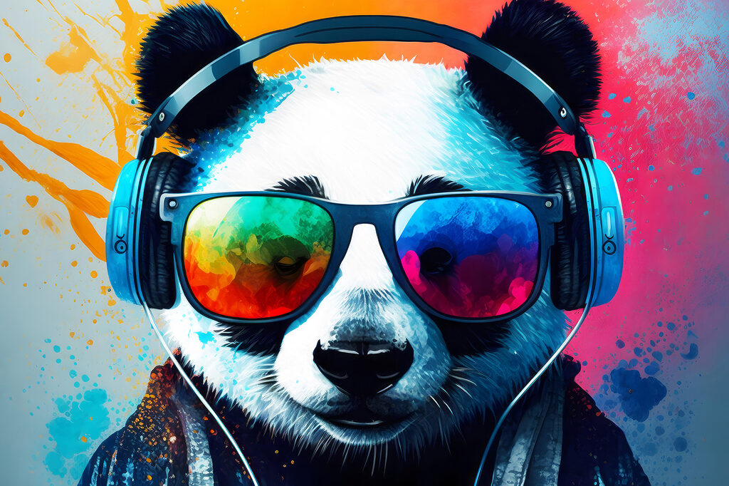 A panda wearing headphones and sunglasses