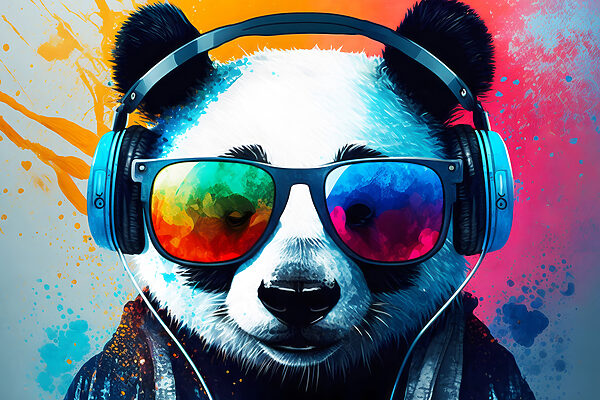 Un panda care poartă căști și ochelari de soare Un panda care poartă căști și ochelari de soare