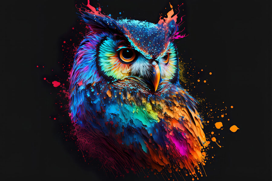 O bufniță colorată cu stropi de vopsea