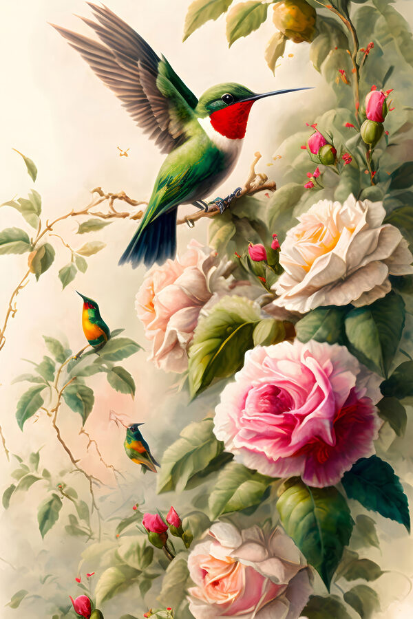 A painting of birds on a branch with flowers