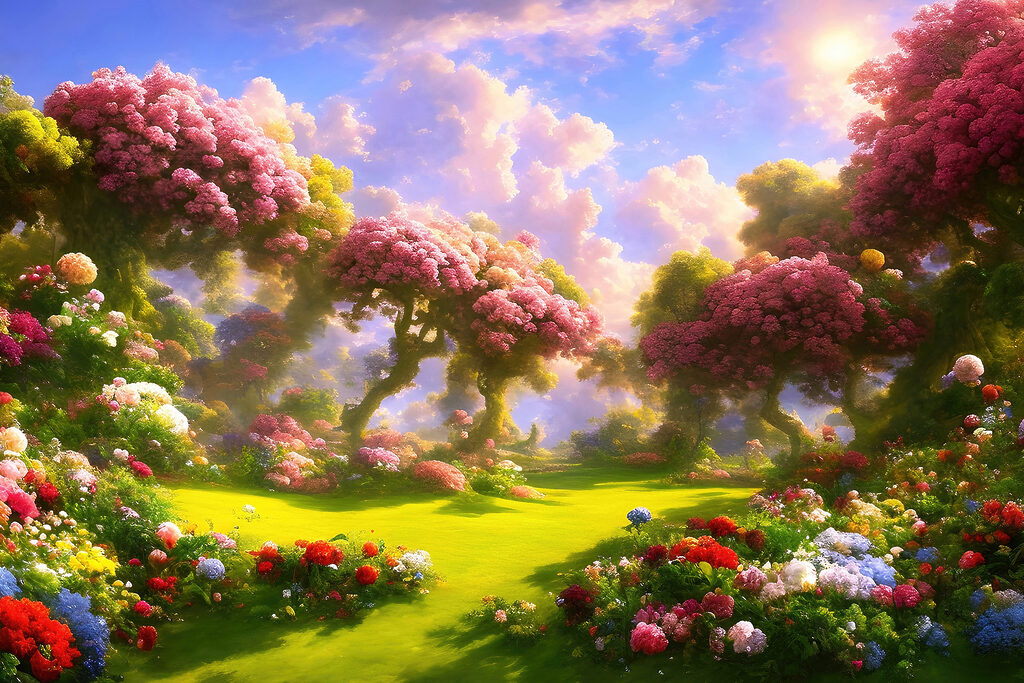 A landscape with trees and flowers