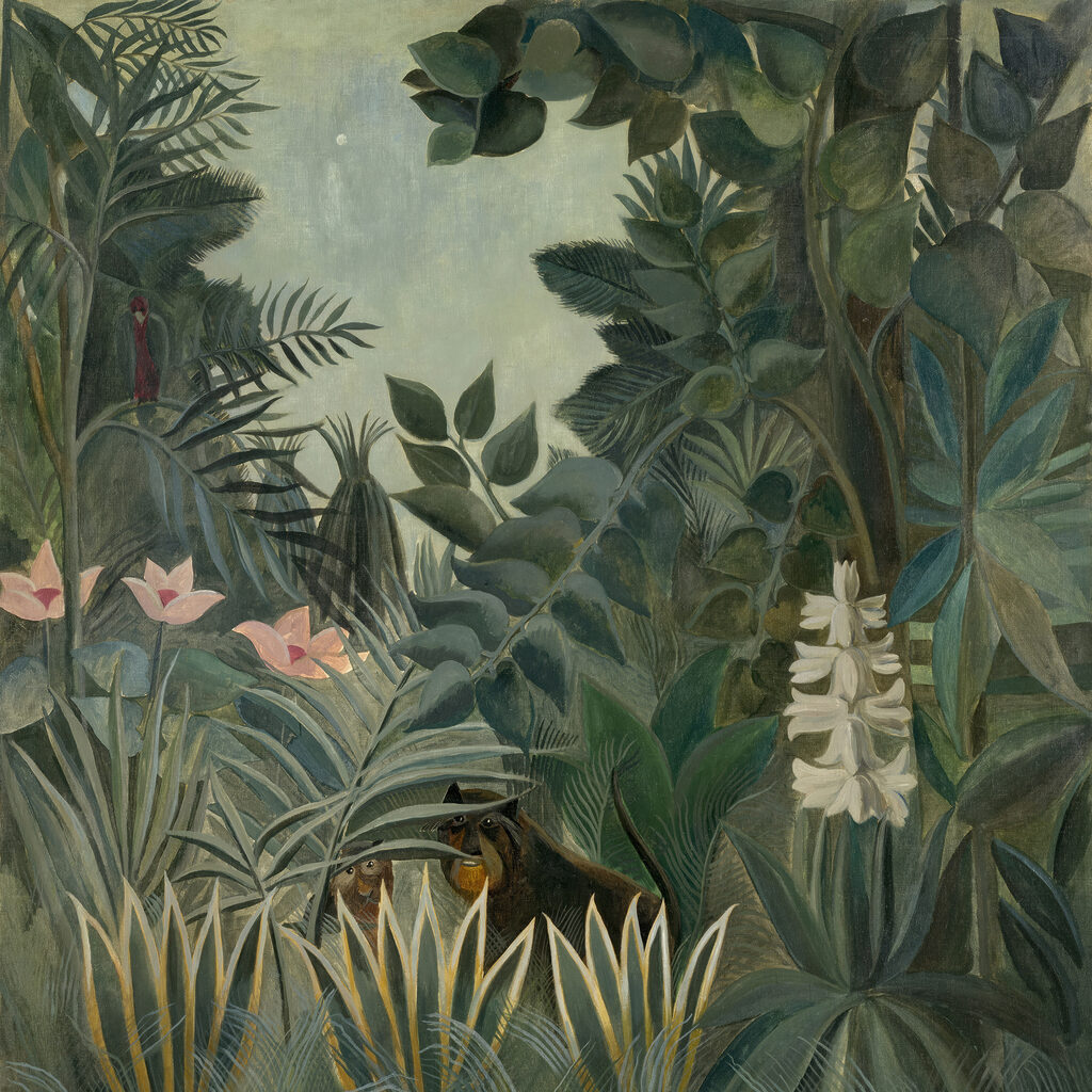 A painting of a jungle with plants and flowers