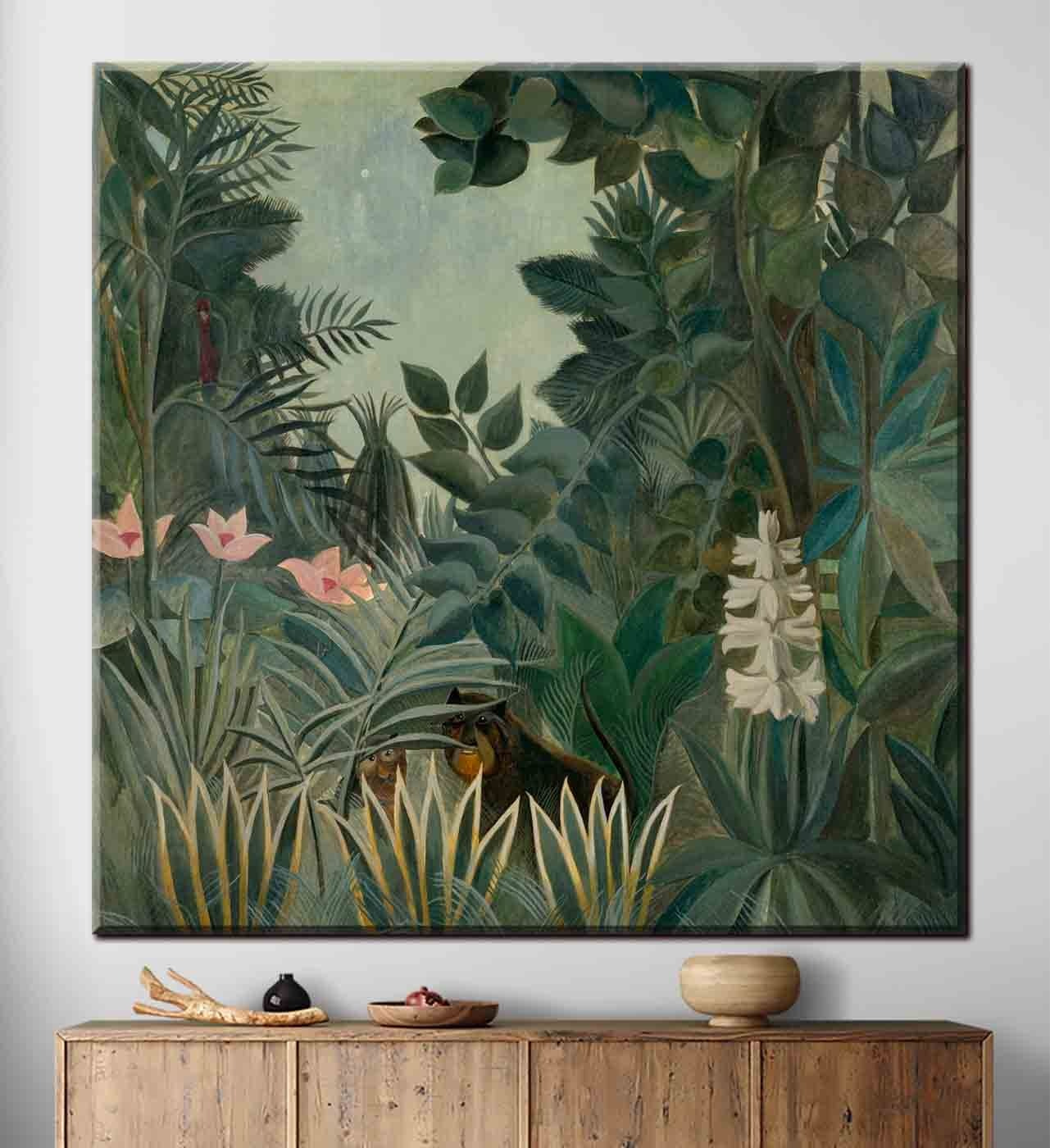 A painting of a jungle with plants and flowers