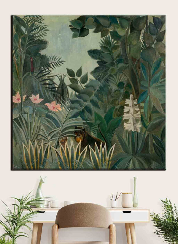 O pictură a unei jungle cu plante și flori O pictură a unei jungle cu plante și flori
