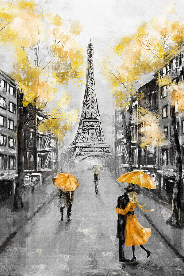 O pictură a unei străzi cu oameni care se plimbă sub o umbrelă O pictură a unei străzi cu oameni care se plimbă sub o umbrelă