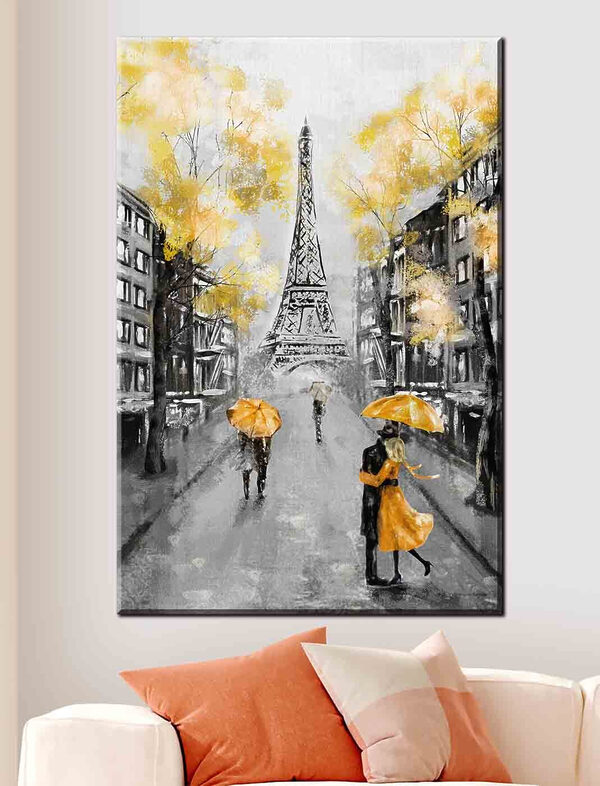 O pictură a unei străzi cu oameni care se plimbă sub o umbrelă O pictură a unei străzi cu oameni care se plimbă sub o umbrelă