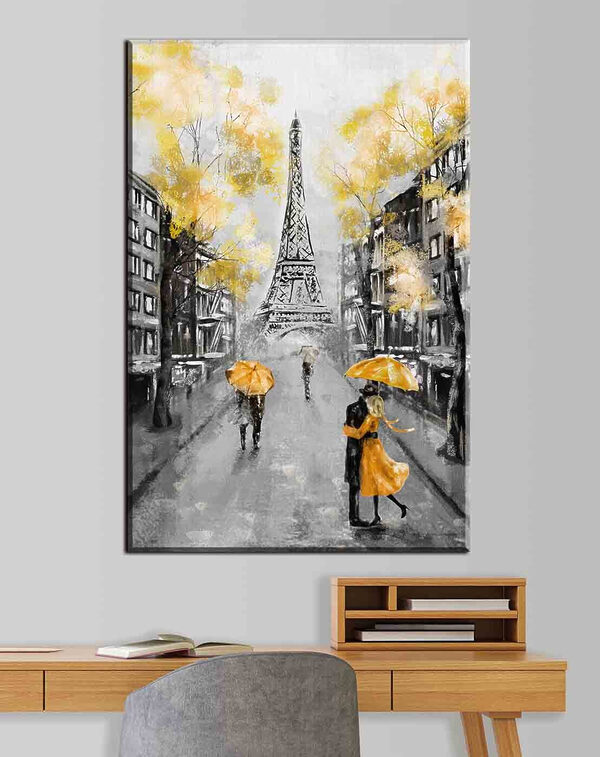O pictură a unei străzi cu oameni care se plimbă sub o umbrelă O pictură a unei străzi cu oameni care se plimbă sub o umbrelă
