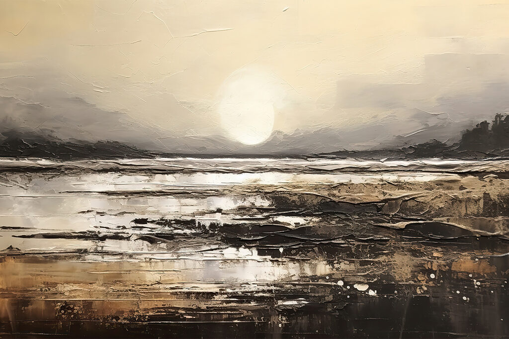 A painting of a beach with the sun in the background