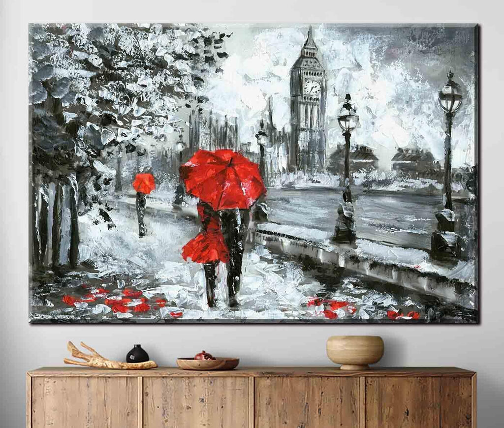 A painting of a couple holding umbrellas in a snowy city A painting of a couple holding umbrellas in a snowy city