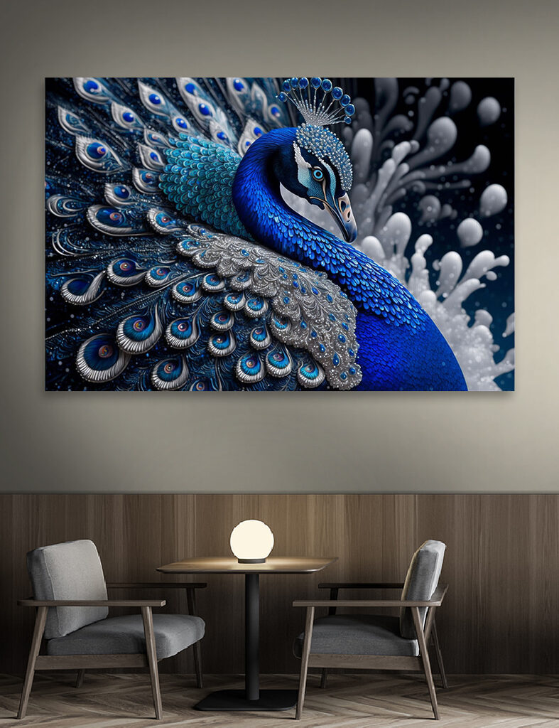 A blue and silver peacock