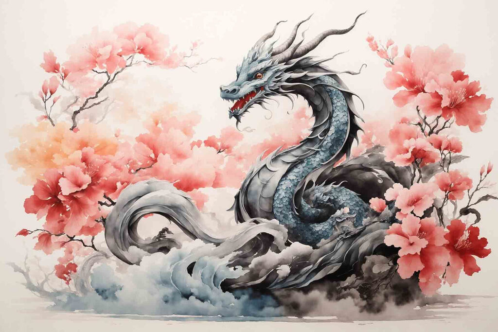 A dragon with pink flowers A dragon with pink flowers