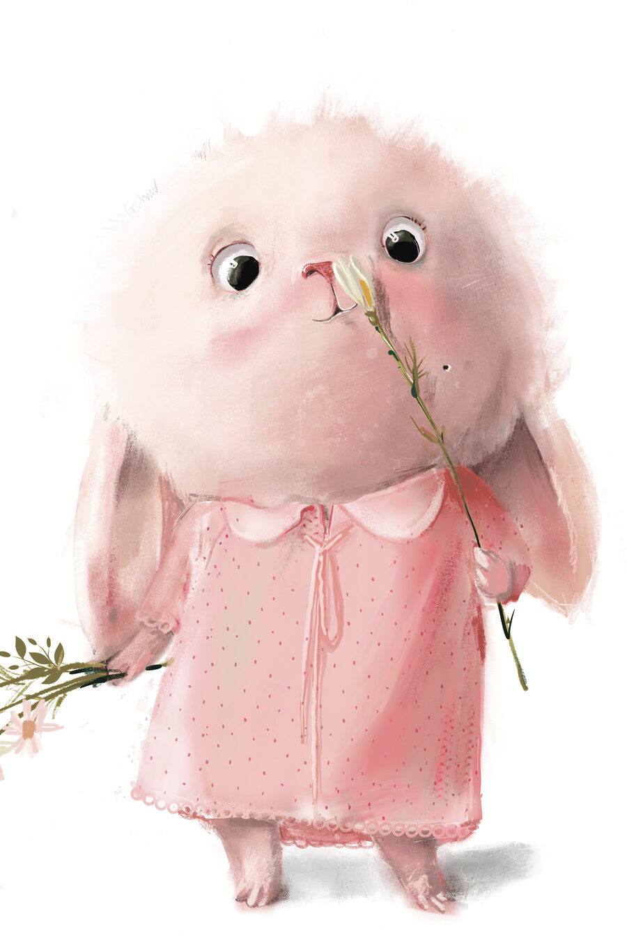 Tablouri Un desen animat de un iepuraș roz care ține o floare - imagine 2