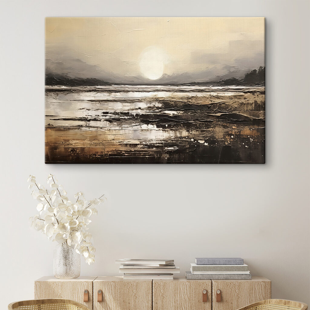 A painting of a beach with the sun in the background