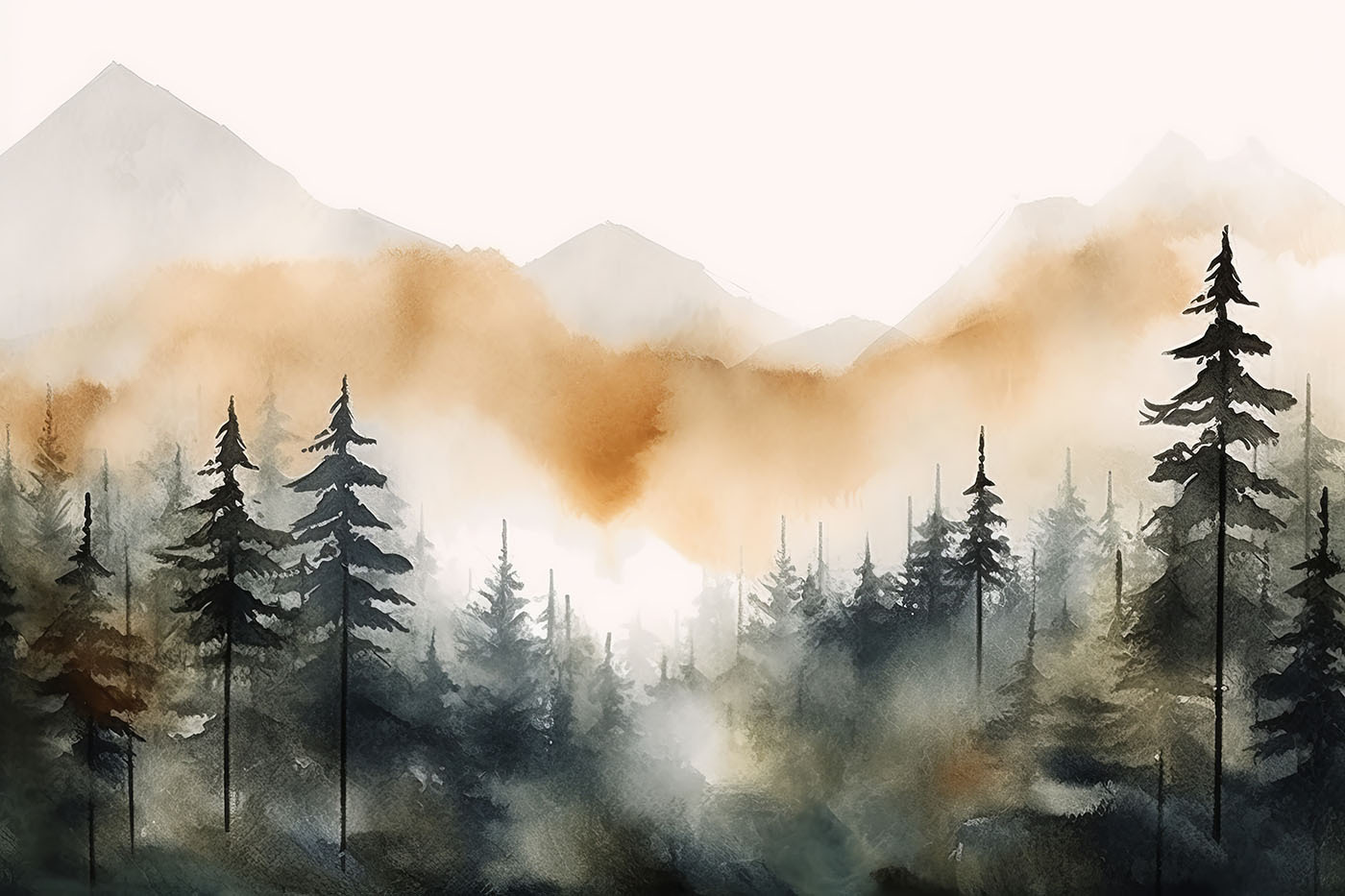 A watercolor of a forest with mountains in the background