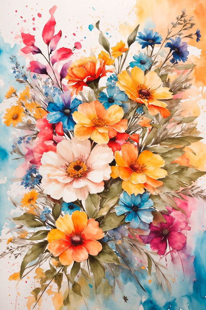 A painting of flowers on a white surface A painting of flowers on a white surface