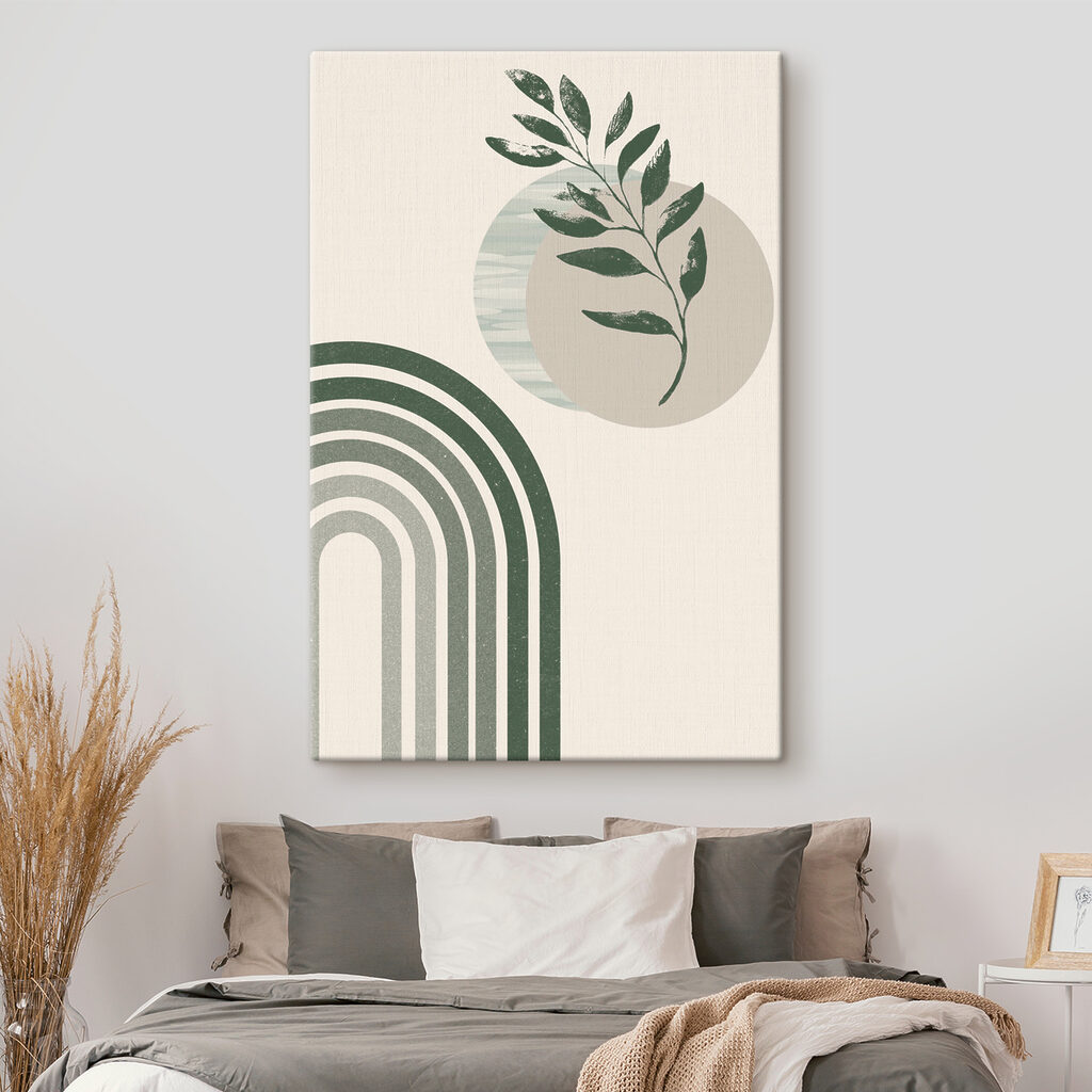 A green and white rainbow with a leaf and a plant