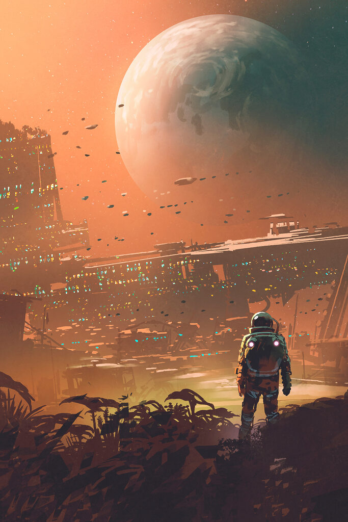 A astronaut walking in a city