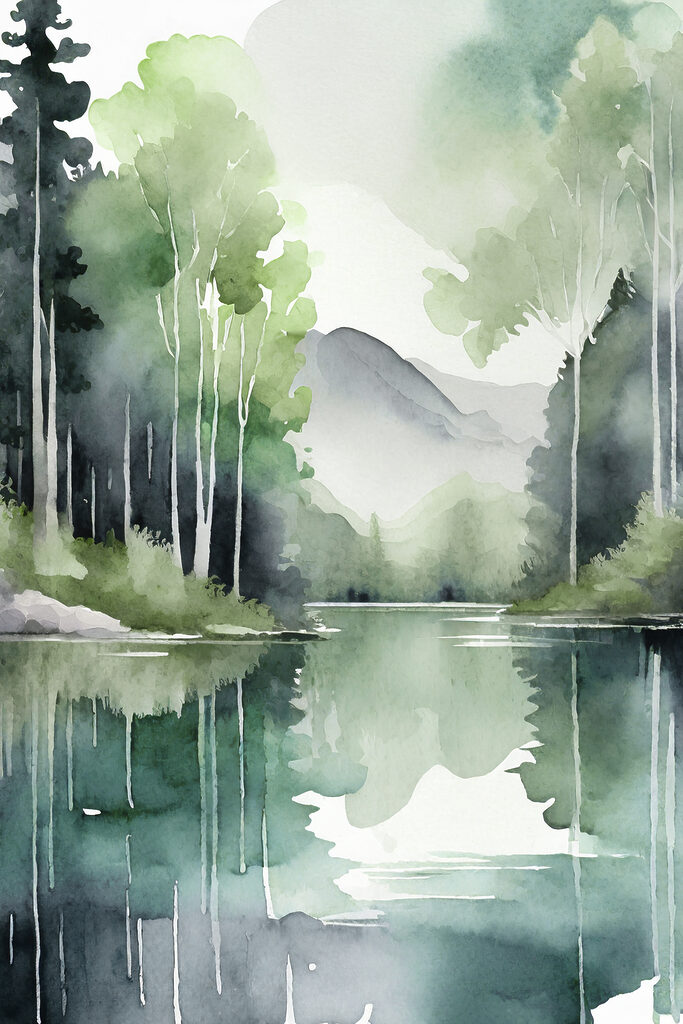 Watercolor painting of a lake surrounded by trees and mountains